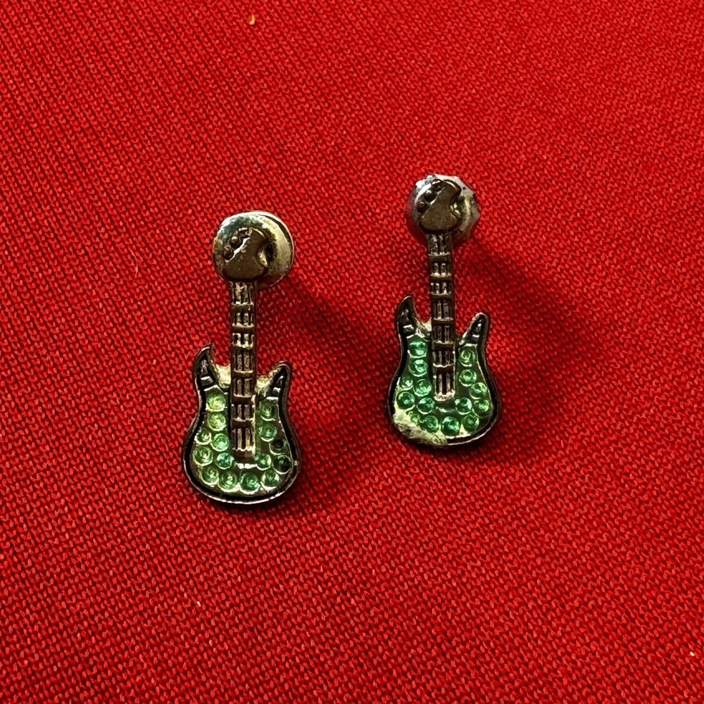 Pierced Post Guitar Earring Gold Tone Green Petite Studs